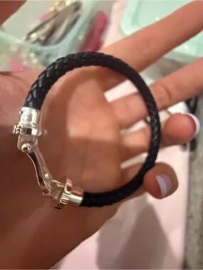 Black Braided Leather Bracelet with Silver Clasp
